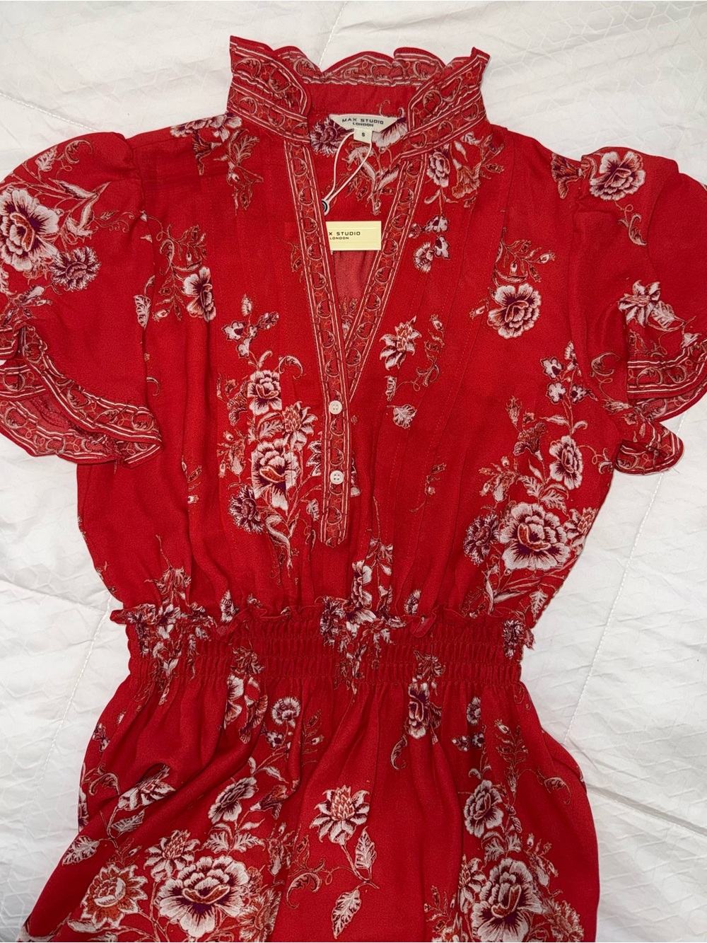 Max Studio London Red Floral Smocked Midi Dress Cottagecore Boho Festival NWT S